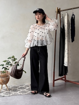 「Thevon（ゼボン）の楊柳リボンシャーリングシアーブラウス（シャツ/ブラウス、ホワイト系）」を使った、omochiさん（レディース・154cm）の夏コーディネート