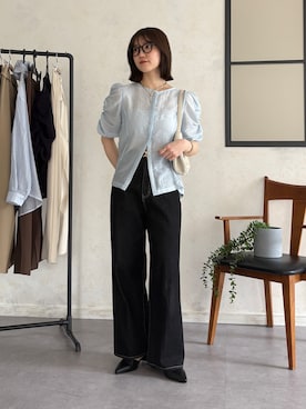 「Thevon（ゼボン）の袖シャーリング5分袖シアーブラウス（シャツ/ブラウス、ブルー系）」を使った、omochiさん（レディース・154cm）の夏コーディネート