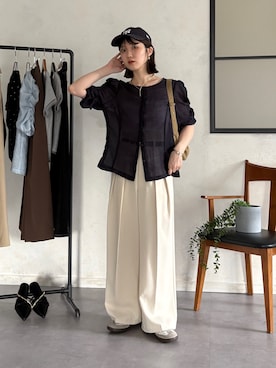 「Thevon（ゼボン）の袖シャーリング5分袖シアーブラウス（シャツ/ブラウス、ブルー系）」を使った、omochiさん（レディース・154cm）の夏コーディネート