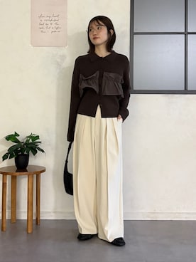 「Thevon（ゼボン）のフリルドッキング襟付きニット（ニット/セーター、ブラウン系）」を使った、omochiさん（レディース・154cm）の秋コーディネート