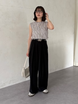 「Thevon（ゼボン）のフリンジノースリニット（ニット/セーター、グレー系）」を使った、omochiさん（レディース・154cm）の夏コーディネート