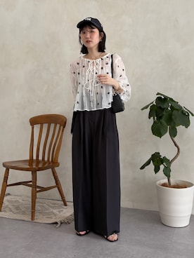 「Thevon（ゼボン）の楊柳リボンシャーリングシアーブラウス（シャツ/ブラウス、ホワイト系）」を使った、omochiさん（レディース・154cm）の夏コーディネート