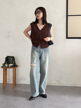 「Thevon（ゼボン）のシアーベストSETノースリニット（ニット/セーター、ブラウン系）」を使った、omochiさん（レディース・154cm）の春コーディネート