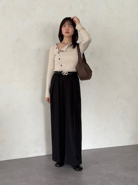 「Thevon（ゼボン）のアシメネックボタンリブニット（ニット/セーター）」を使った、omochiさん（レディース・154cm）の秋コーディネート