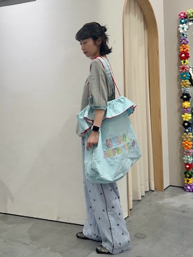 「CIAOPANIC TYPY（チャオパニックティピー）の【UNISEX】アニマル柄サマーニット袖切替し配色TEE（Tシャツ/カットソー、グレー系）」を使った、kimura_no_fukuさん（レディース・155cm）の夏コーディネート