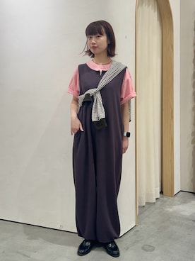 「CIAOPANIC TYPY（チャオパニックティピー）の【UNISEX】【プラスサイズあり】スラブ天竺ピグメントロゴTEE（Tシャツ/カットソー、ピンク系）」を使った、kimura_no_fukuさん（レディース・155cm）の春コーディネート