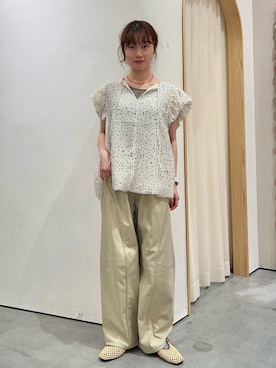 「CIAOPANIC TYPY（チャオパニックティピー）の【無地/ストライプ/ドット】裾袖バルーン楊柳ブラウス（シャツ/ブラウス、ホワイト系）」を使った、kimura_no_fukuさん（レディース・155cm）の夏コーディネート