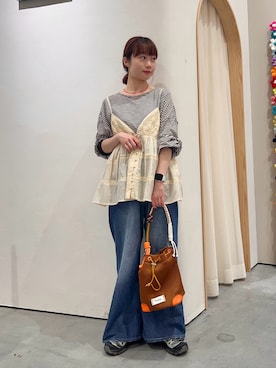 「CIAOPANIC TYPY（チャオパニックティピー）のシアーボーダーロンTee（Tシャツ/カットソー、グレー系）」を使った、kimura_no_fukuさん（レディース・155cm）の夏コーディネート