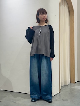 「CIAOPANIC TYPY（チャオパニックティピー）の【2WAY】シアーラグランヘンリーネックTee（Tシャツ/カットソー、グレー系）」を使った、kimura_no_fukuさん（レディース・155cm）の春コーディネート
