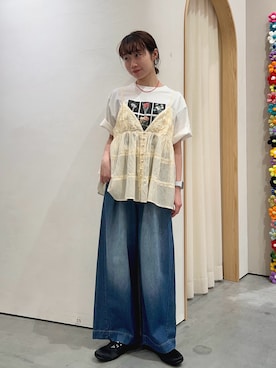 「CIAOPANIC TYPY（チャオパニックティピー）の【UNISEX】【プラスサイズあり】フラワーコレクションTEE（Tシャツ/カットソー、ホワイト系）」を使った、kimura_no_fukuさん（レディース・155cm）の夏コーディネート