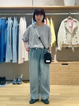 「CIAOPANIC TYPY（チャオパニックティピー）のシアーボーダーロンTee（Tシャツ/カットソー、ピンク系）」を使った、kimura_no_fukuさん（レディース・155cm）の春コーディネート