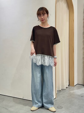 「CIAOPANIC TYPY（チャオパニックティピー）の【接触冷感/二の腕カバーも叶う◎】配色ラグラン半袖ニットTee（ニット/セーター、ブラウン系）」を使った、kimura_no_fukuさん（レディース・155cm）の夏コーディネート