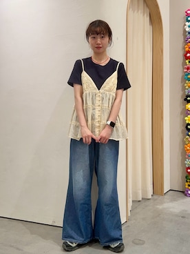 「CIAOPANIC TYPY（チャオパニックティピー）の【india】コード刺繍キャミビスチェ（シャツ/ブラウス、ホワイト系）」を使った、kimura_no_fukuさん（レディース・155cm）の夏コーディネート