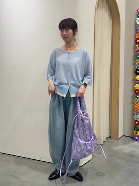 「CIAOPANIC TYPY（チャオパニックティピー）の【接触冷感/一枚で決まる】レイヤードライク配色5分袖シアーニットカーデ（カーディガン/ボレロ、ブルー系）」を使った、kimura_no_fukuさん（レディース・155cm）の春コーディネート