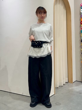 「CIAOPANIC TYPY（チャオパニックティピー）の∴【前後2WAY】ヘンリーネックサテンレースドッキングシアースラブTee（Tシャツ/カットソー、ホワイト系）」を使った、kimura_no_fukuさん（レディース・155cm）の夏コーディネート
