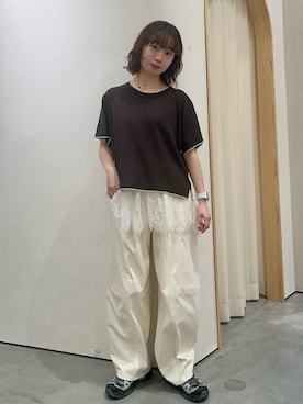 「CIAOPANIC TYPY（チャオパニックティピー）の【接触冷感/二の腕カバーも叶う◎】配色ラグラン半袖ニットTee（ニット/セーター、ブラウン系）」を使った、kimura_no_fukuさん（レディース・155cm）の夏コーディネート