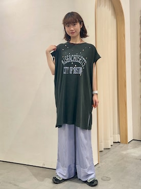「etsinta（エシンタ）の【etsinta】ビジュー付カレッジノースリ（タンクトップ、グレー系）」を使った、kimura_no_fukuさん（レディース・155cm）の夏コーディネート
