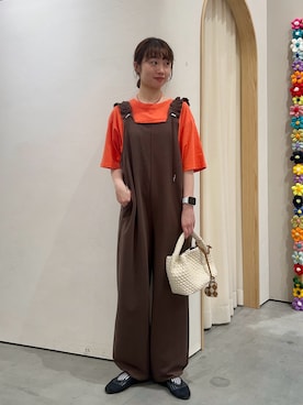 「CIAOPANIC TYPY（チャオパニックティピー）の【UNISEX】【プラスサイズあり】スクエア総刺繍ロゴTシャツ（Tシャツ/カットソー、オレンジ系）」を使った、kimura_no_fukuさん（レディース・155cm）の夏コーディネート
