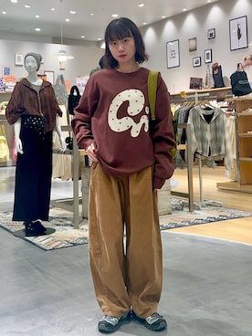 「CIAOPANIC TYPY（チャオパニックティピー）の【UNISEX】ニュアンス柄プリント2WAYワッフルロンTEE（Tシャツ/カットソー、レッド系）」を使った、kimura_no_fukuさん（レディース・155cm）の秋コーディネート