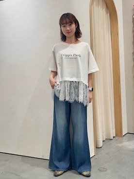「CIAOPANIC TYPY（チャオパニックティピー）の【接触冷感/全方位着映え】裾レースドッキング半袖ロゴTee（Tシャツ/カットソー、ホワイト系）」を使った、kimura_no_fukuさん（レディース・155cm）の夏コーディネート