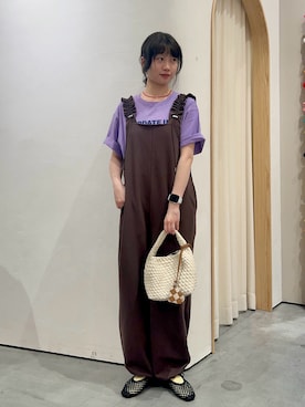 「CIAOPANIC TYPY（チャオパニックティピー）の【UNISEX】宇宙人プリントTシャツ（Tシャツ/カットソー、パープル系）」を使った、kimura_no_fukuさん（レディース・155cm）の夏コーディネート