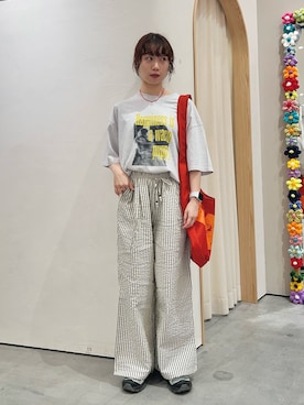 「CIAOPANIC TYPY（チャオパニックティピー）の【UNISEX】【プラスサイズあり】犬＆猫 アソートロゴプリントTee（Tシャツ/カットソー、グレー系）」を使った、kimura_no_fukuさん（レディース・155cm）の夏コーディネート