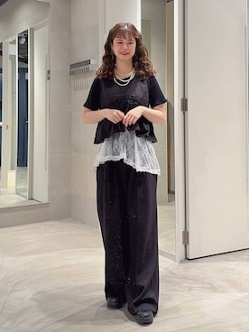「RAGEBLUE（レイジブルー）のアシメレースインナーキャミ（Tシャツ/カットソー、ホワイト系）」を使った、理咲さん（レディース）の夏コーディネート