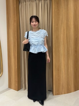 「CAPRICIEUX LE'MAGE（カプリシューレマージュ）のシャーリングギャザーブラウス（シャツ/ブラウス、ブルー系）」を使った、riho_lemageさん（レディース・155cm）の夏コーディネート