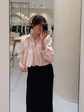 「CAPRICIEUX LE'MAGE（カプリシューレマージュ）のバルーンクロップシャツ（シャツ/ブラウス、ピンク系）」を使った、riho_lemageさん（レディース・155cm）の春コーディネート
