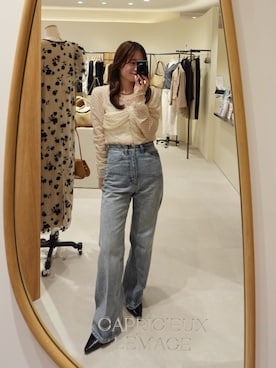 「CAPRICIEUX LE'MAGE（カプリシューレマージュ）のフロッキードットブラウス（シャツ/ブラウス、ベージュ系）」を使った、riho_lemageさん（レディース・155cm）の春コーディネート