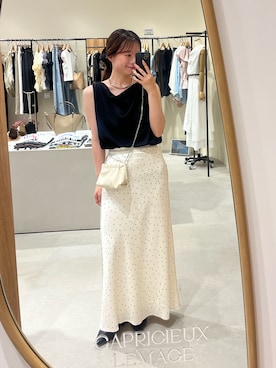 「CAPRICIEUX LE'MAGE（カプリシューレマージュ）のドレープノースリT（Tシャツ/カットソー、ブラック系）」を使った、riho_lemageさん（レディース・155cm）の夏コーディネート