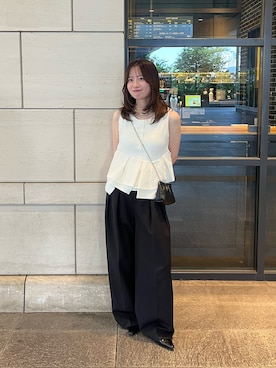「CAPRICIEUX LE'MAGE（カプリシューレマージュ）のアシメペプラムヘンリーニット（ニット/セーター、ホワイト系）」を使った、riho_lemageさん（レディース・155cm）の夏コーディネート