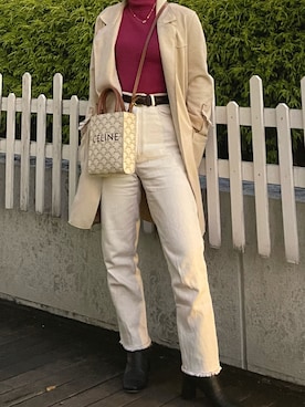 「TINA：JOJUN（ティーナジョジュン）のデニムテーパードパンツ TINA：JOJUN（デニムパンツ、ホワイト系）」を使った、yuzu318さん（レディース・148cm）の秋コーディネート