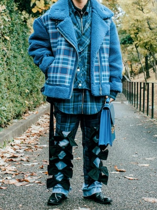 HEIHEI ボアチェックライダースジャケット ブルー フリーサイズ HEIHEI ボアチェックライダースジャケット ブルー フリーサイズ HEIHEI