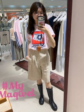 「MAQWEL（マクウェル）の《セットアップ対応》【MAQWEL/マクウェル】ウォッシャブルリネンハーフパンツ（その他パンツ、ベージュ系）」を使った、takahashiさん（レディース・162cm）の夏コーディネート