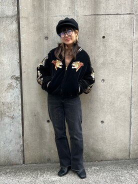 「ハンチング」｜「アイテム（スタジャン）」を使った、ぽむまるさん（レディース・150cm）の冬コーディネート
