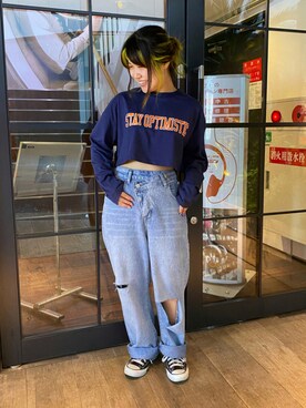 「SPINNS（スピンズ）のロゴ刺繍 ショート丈長袖Tシャツ（Tシャツ/カットソー）」を使った、ぽむまるさん（レディース・150cm）の夏コーディネート