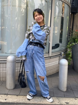 「古着女子」｜「アイテム（デニムジャケット）」を使った、ぽむまるさん（レディース・150cm）の秋コーディネート