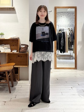「PUAL CE CIN（ピュアルセシン）のコーヒーフォトプリントTシャツ（Tシャツ/カットソー、ブラック系）」を使った、Honokaさん（レディース・157cm）の夏コーディネート