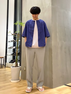 「ノーカラーシャツ」｜「アイテム（サンダル）」を使った、ショウゴさん（メンズ・182cm）の夏コーディネート