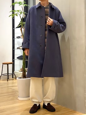 「ネルシャツ」｜「アイテム（ステンカラーコート）」を使った、ショウゴさん（メンズ・182cm）の秋コーディネート