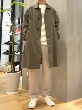 「ボーダートップス」｜「アイテム（ステンカラーコート）」を使った、ショウゴさん（メンズ・182cm）の春コーディネート