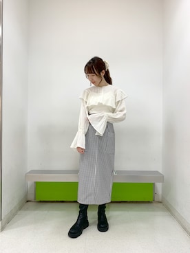 「ギンガムチェック」｜「アイテム（スカート、ピンク系）」を使った、まみさん（レディース・164cm）の春コーディネート