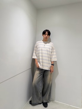 「SENSE OF PLACE by URBAN RESEARCH(センスオブプレイスバイアーバンリサーチ)の『ユニセックス』ボーダーエクストラルーズTシャツ(Tシャツ/カットソー、グレー系)」を使った、kokiさん(メンズ・181cm)の夏コーディネート
