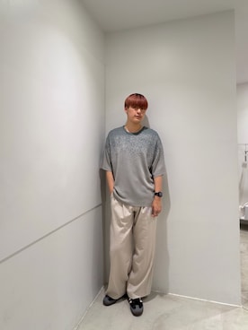 「SENSE OF PLACE by URBAN RESEARCH(センスオブプレイスバイアーバンリサーチ)の『洗濯可』エクストラルーズスプラッシュニットTシャツ(ニット/セーター、グリーン系)」を使った、kokiさん(メンズ・181cm)の春コーディネート