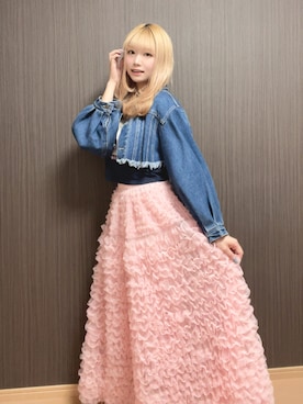 「SOLLON.（ソルロン）のフリフリボリュームチュールロングスカート（スカート、ピンク系）」を使った、おめぐさん（レディース・160cm）の秋コーディネート