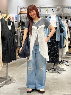 「LOWRYS FARM（ローリーズファーム）のワイドストレートデニムパンツ　607883（デニムパンツ、ブルー系）」を使った、こるちゃんさん（レディース・158cm）の春コーディネート