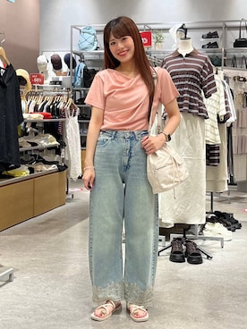 「LOWRYS FARM（ローリーズファーム）のドレーププルオーバーSS 1053677（Tシャツ/カットソー、ピンク系）」を使った、こるちゃんさん（レディース・158cm）の夏コーディネート