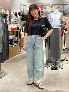 「LOWRYS FARM（ローリーズファーム）のラインストーンプルオーバーＳＳ 1045217（Tシャツ/カットソー、ブラック系）」を使った、こるちゃんさん（レディース・158cm）の夏コーディネート