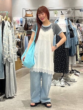 「LOWRYS FARM（ローリーズファーム）のレースデニム　601055（デニムパンツ、ブルー系）」を使った、こるちゃんさん（レディース・158cm）の春コーディネート